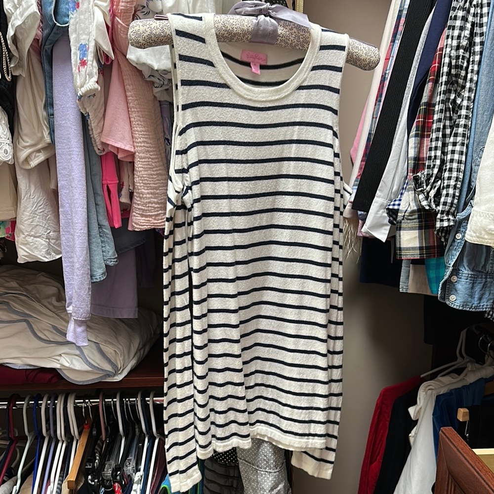 Lilly Pulitzer Navy and White Striped cold Shoulder Knit Sweater